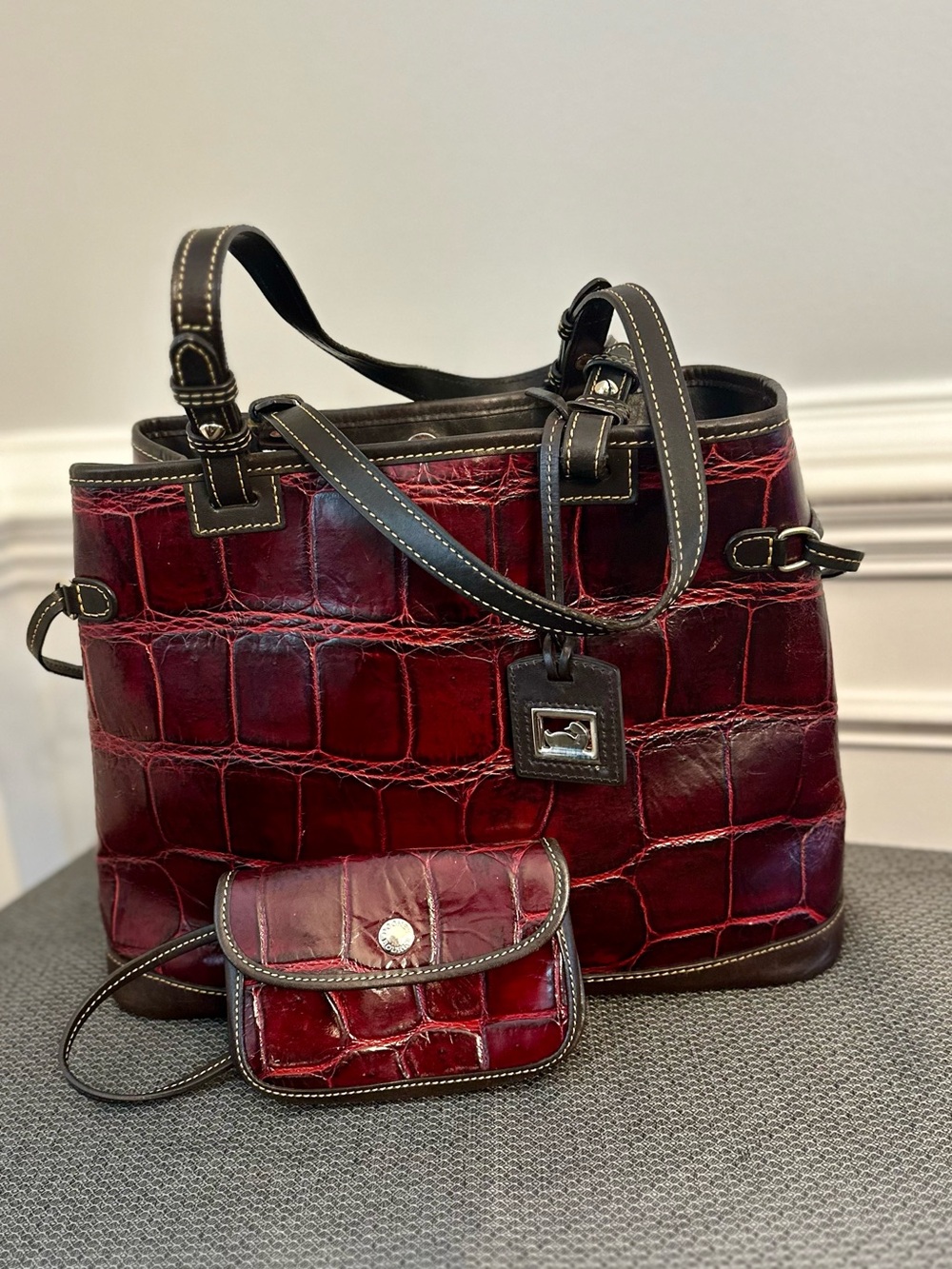 Dooney & Bourke Burgundy Croc-Embossed Leather Shoulder Bag with Coin Pouch - Picture 2 of 8